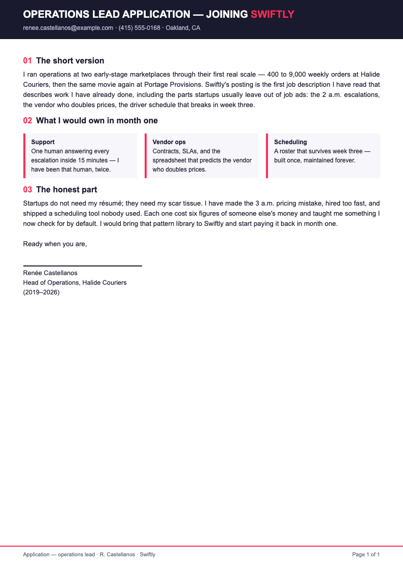 Startup pitch deck companion application letter